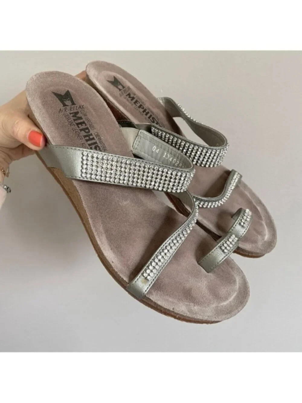 Mephisto Silver Rhinestone Leather Strap Wedge Milly Sandals - 38 / 7.5-8US